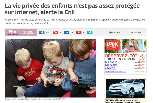 Article sur 20minutes : La vie privée des enfants n'est pas assez protégée sur internet alerte la Cnil